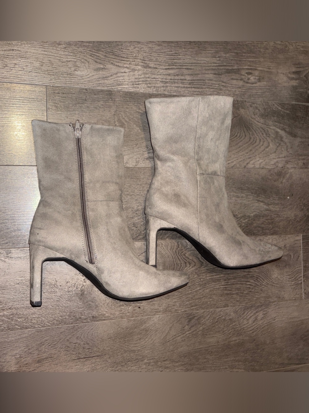 JustFab Gray Suede Pointed Toe Stiletto Ankle Boots